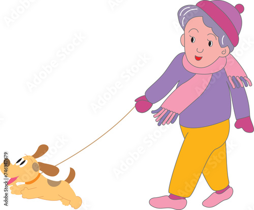 犬を連れて散歩をする高齢女性
