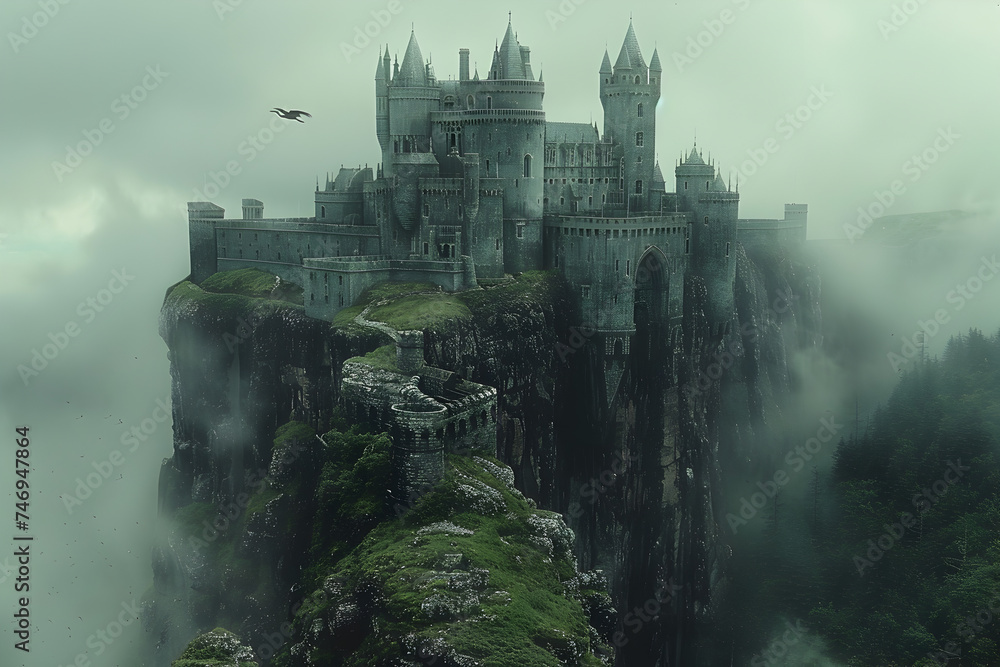 A majestic castle on a mountain with a dragon flying above.