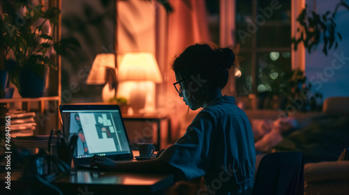 Dedicated Woman Working Late at Home Illuminated by Laptop © ALLAI