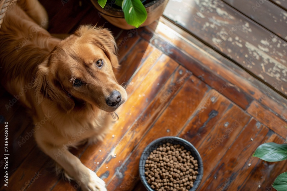 Golden Retriever Waiting Patiently by Dog Food