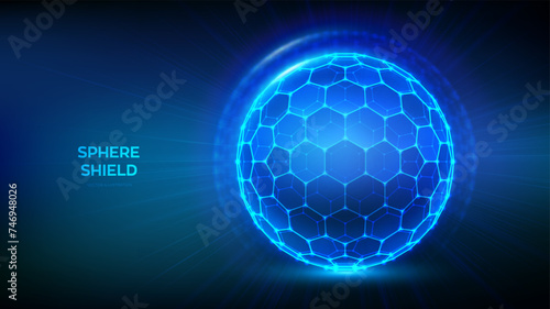 Sphere shield with hexagon pattern on blue background. Abstract protection sphere shield. Glowing bubble shield in the form of a force energy field. Protection and safety concept. Vector illustration.
