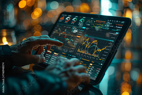 people checking for the stock prices and chart showing inclining on big glass screens, at the stock market office, on laptops and tablets and mobiles 