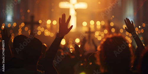 Worship god concept human rising hands over blurred cross photo