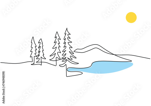 Forest and river one line art drawing. Continuous single hand drawn of nature landscape.