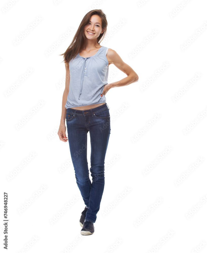 Woman, portrait and proud of clothes in studio, casual aesthetic and cool on white background. Happy female person, full body and fashion on mockup space, university student and confident with smile Woman, portrait and proud of clothes in studio, casual aesthetic and cool on white background. Happy female person, full body and fashion on mockup space, university student and confident with smile