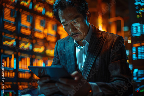 people checking for the stock prices and chart showing inclining on big glass screens, at the stock market office, on laptops and tablets and mobiles 