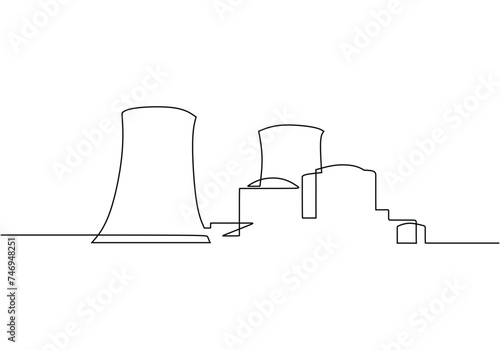 Power stations and plants for energy generation. Continuous one line drawing. Industrial buildings landscape.