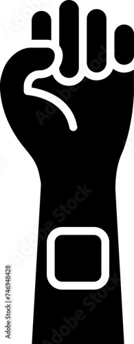 Nicotine patch on hand icon in b&w color.