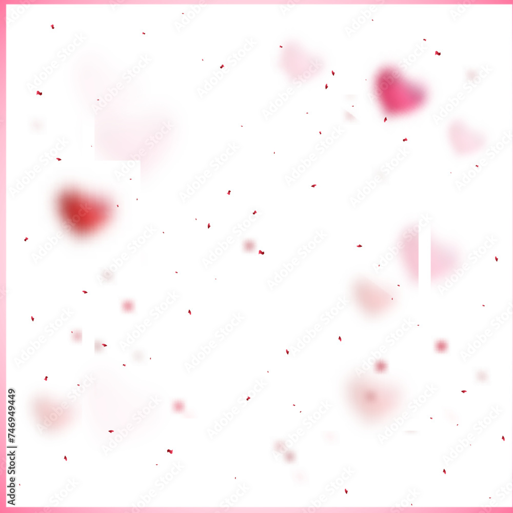 White square frame on blur effect pink heart shape background.