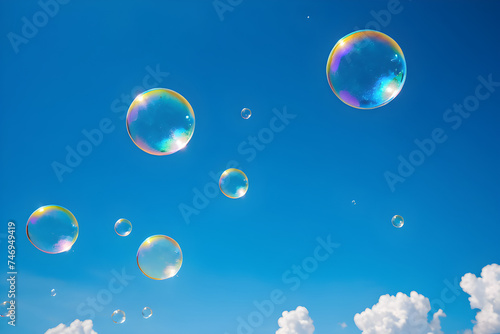 soap bubbles flying in the air, blue sky and white fluffy clouds, joy, childhood, happiness, positivity, summer season