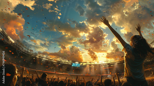 Crowd of people with raised hands enjoying a concert at sunset © Hammad