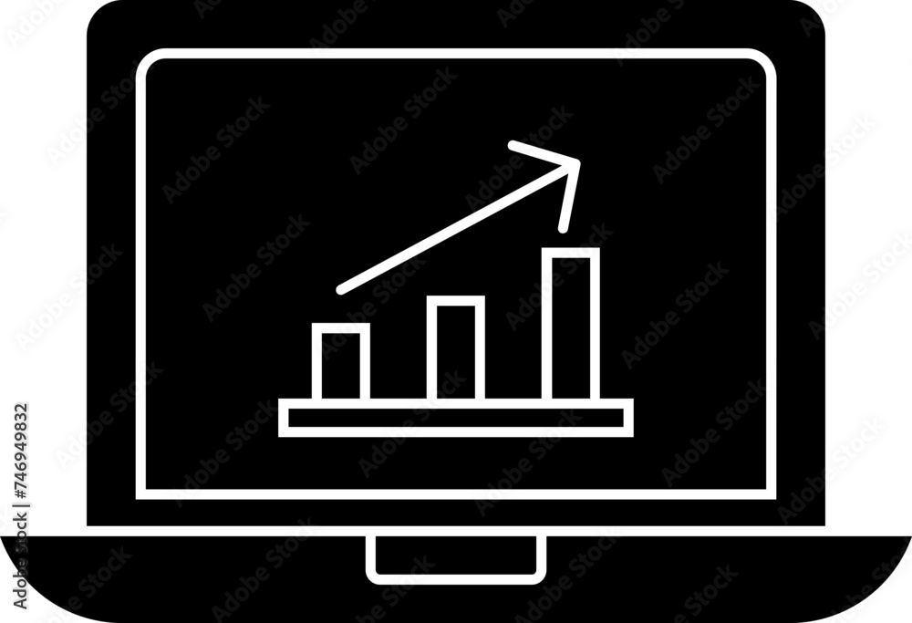 Business graph on laptop screen glyph icon. Business graph on laptop screen glyph icon.