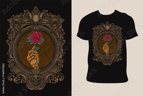 Illustration vector skull holding rose flower with engraving ornament on T shirt mockup