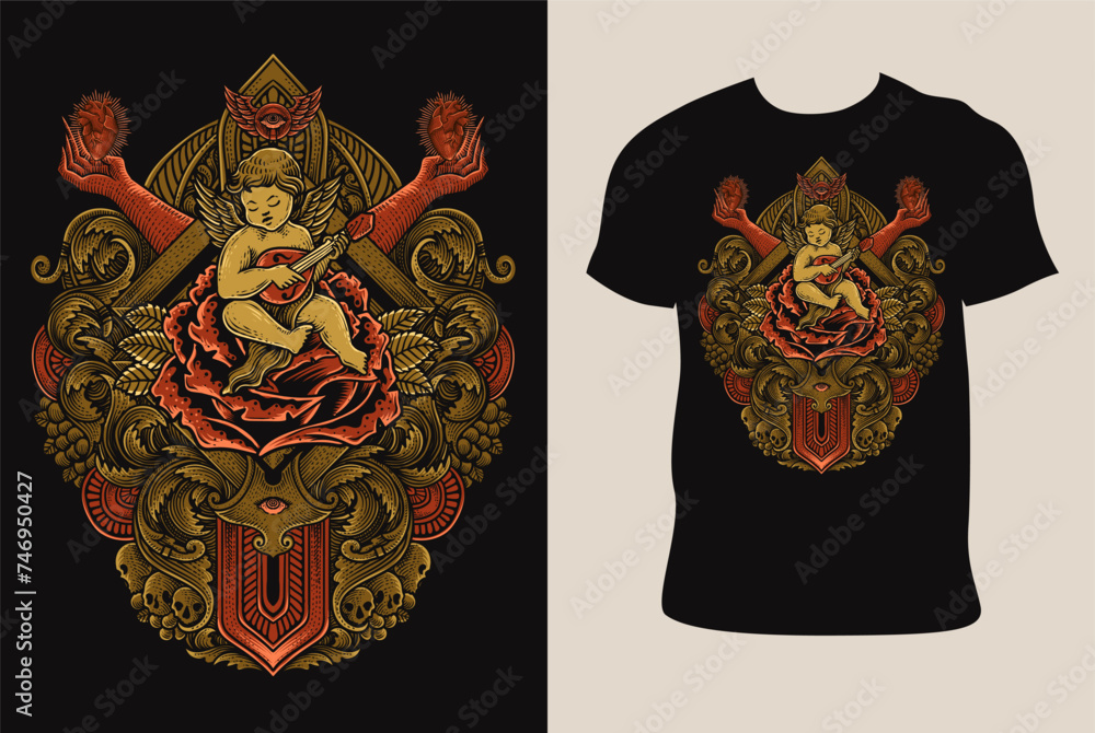 Illustration vector cupid angel playing guitar sitting on rose with ornament on T shirt design