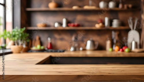 Empty wooden table top with blurred kitchen background.