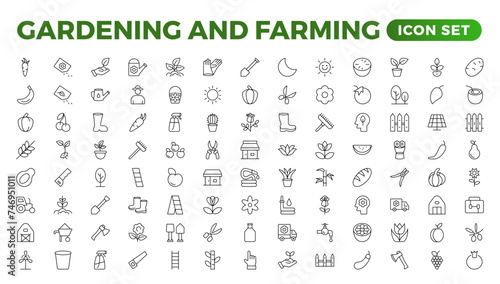 Set of outline icons related to gardening  landscaping  and farming. Linear icon collection.Set of horticulture Icons. Farming and agriculture outline icon collection. Outline icon set.