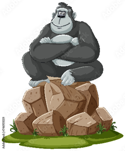 A happy gorilla sits atop a pile of stones.