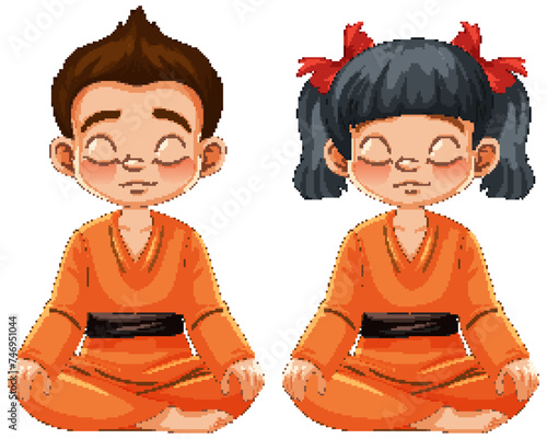 Two kids meditating in traditional orange robes