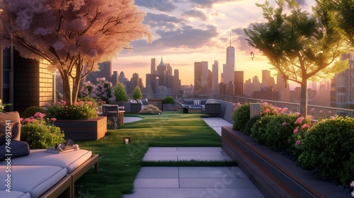 A chic rooftop garden with panoramic views of the skyline, featuring manicured lawns, winding pathways, and cozy seating areas for al fresco dining.