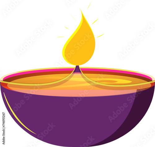 Purple oil lamp (Diya) on white background.