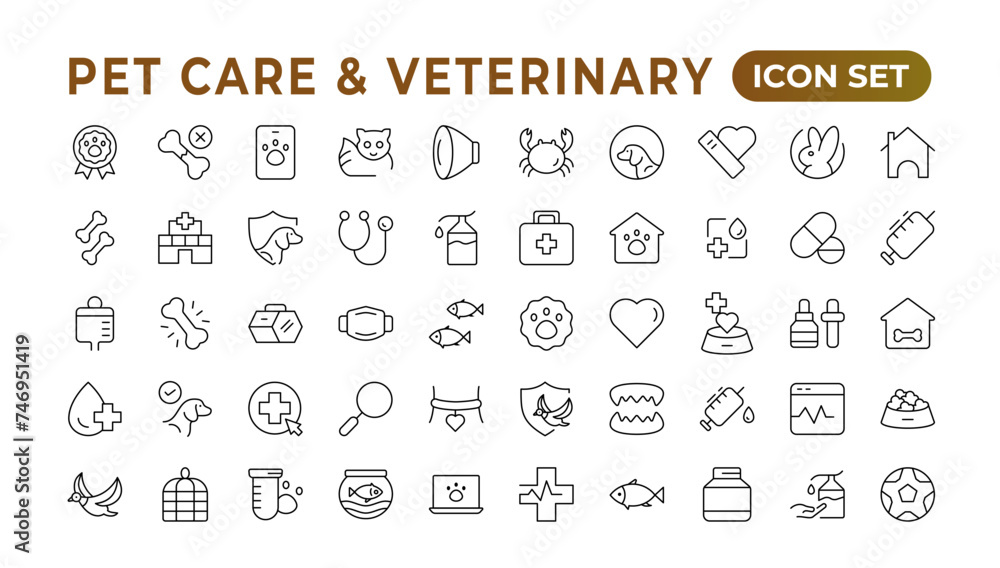 Set of line icons related to pet, care, veterinary, vet, and healthcare. Outline icon collection. Set of outline veterinarian icons. Animals veterinary icons.Pet and Vet Line Icon Set.