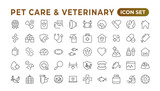 Set of line icons related to pet, care, veterinary, vet, and healthcare. Outline icon collection. Set of outline veterinarian icons. Animals veterinary icons.Pet and Vet Line Icon Set.