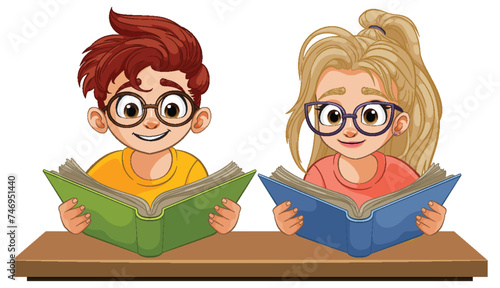 Two cartoon children reading books at a table
