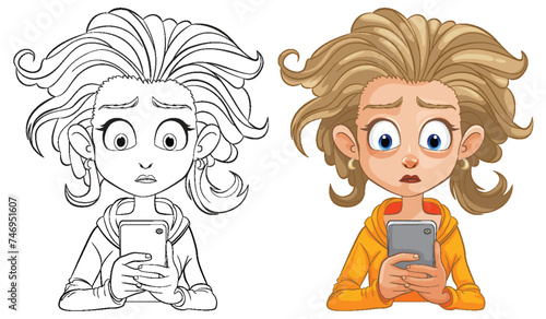 Cartoon girl shocked by phone content, colored and line art