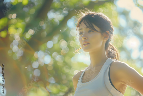 Portrait of asian woman exercising jogging in the park at sunrise time, morning exercise, healthy living concept