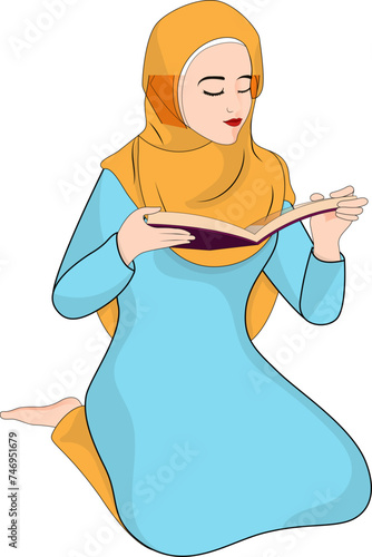 Character of muslim woman reading book in sitting pose.