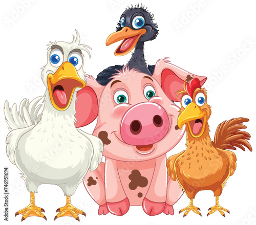 Colorful illustration of cheerful barnyard animal friends