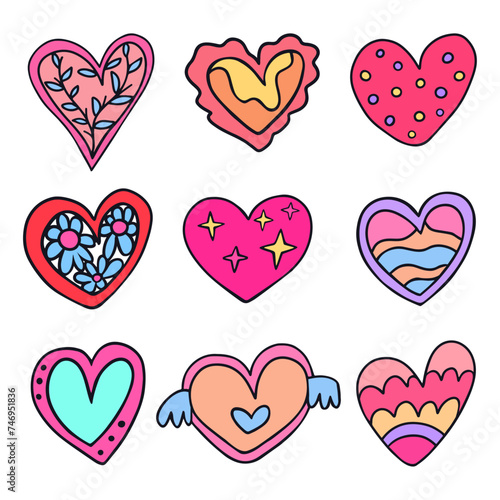 Set of retro vibe groovy hearts. Groovy psychedelic vibe vector elements. Decorative colorful hearts retro 70s and 80s hippie vibe