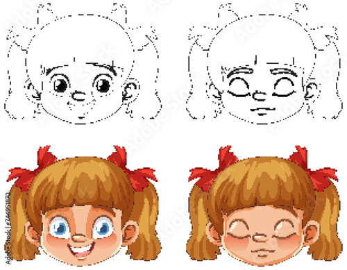 Four stages of a girl's face, from sketch to color