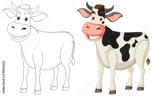 Colorful and outlined cow drawings side by side