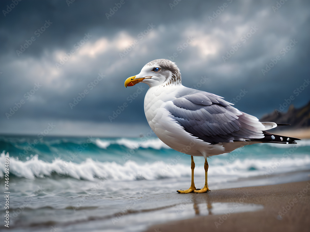 Seagull soars gracefully above the ocean waves, amidst a backdrop of endless blue sky and white sandy beaches Seagull soars gracefully above the ocean waves, amidst a backdrop of endless blue sky and white sandy beaches