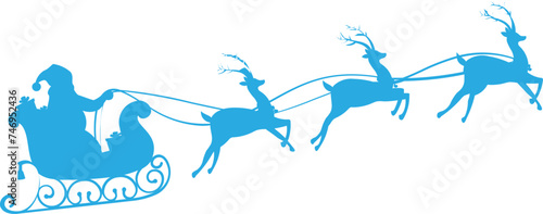 Silhouette santa claus riding sleigh reindeer in blue color.
