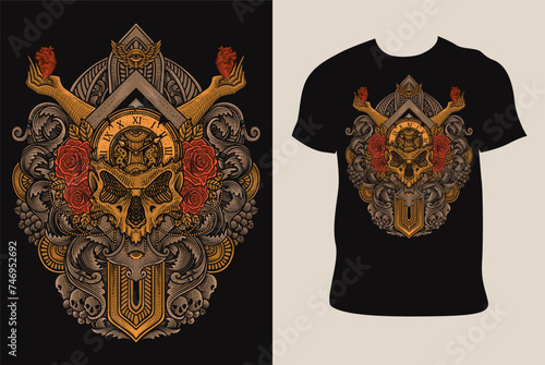 Illustration hand drawn. Skull clock head with rose flower on T shirt mockup