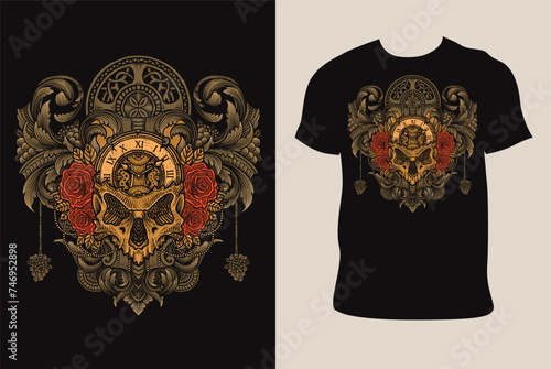 Illustration hand drawn. Skull clock head with rose flower on T shirt mockup