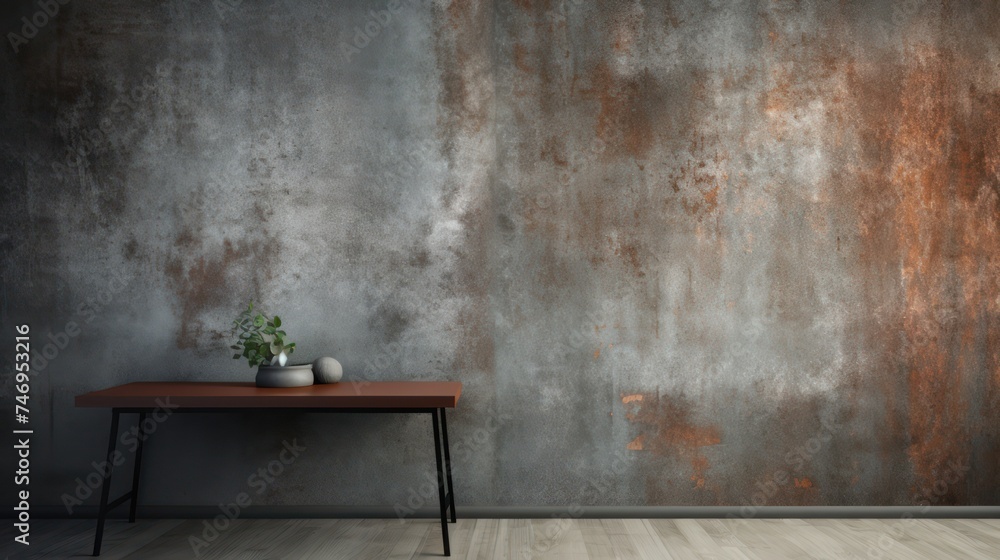 The walls are made of old brownish black iron plates, with tables and flower vases. The walls are made of old brownish black iron plates, with tables and flower vases.