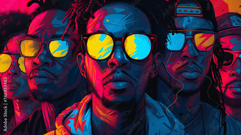 A group of four men wearing sunglasses representing of different genders, races, ages, and walks of life A group of four men wearing sunglasses representing of different genders, races, ages, and walks of life