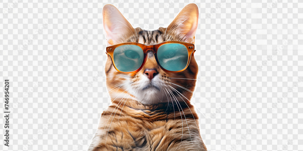 cat with sunglasses isolated on a white background, A playful cartoon cat, complete with sunglasses, Cat Coolness Vibrant Sunglasses Swagger on isolated background, 