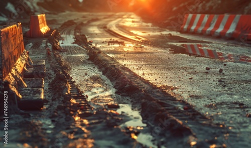muddy and broken road in the city, construction of road 