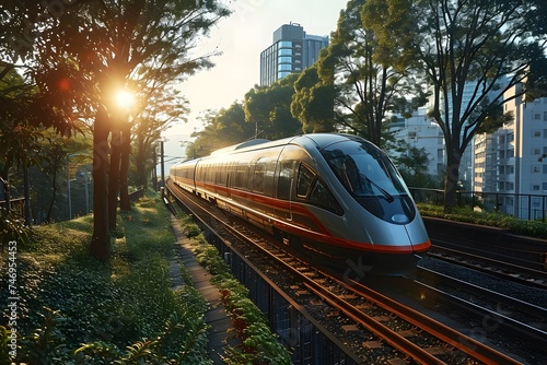 high-speed maglev train slicing through an urban landscape
