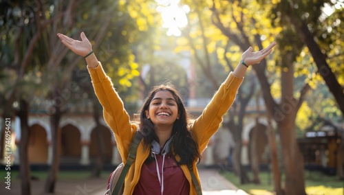Happy Indian teen in college campus, happy Indian student in college 