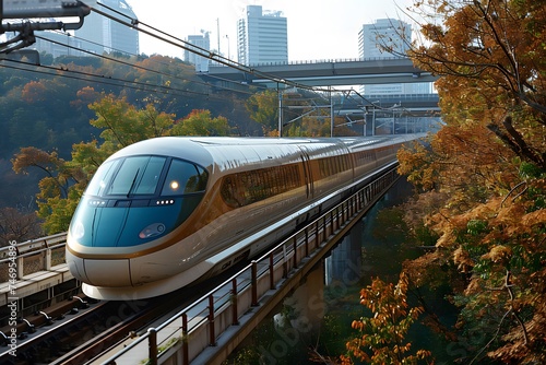 high-speed maglev train slicing through an urban landscape