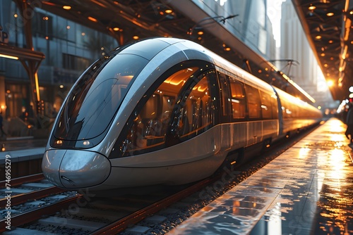 high-speed maglev train slicing through an urban landscape