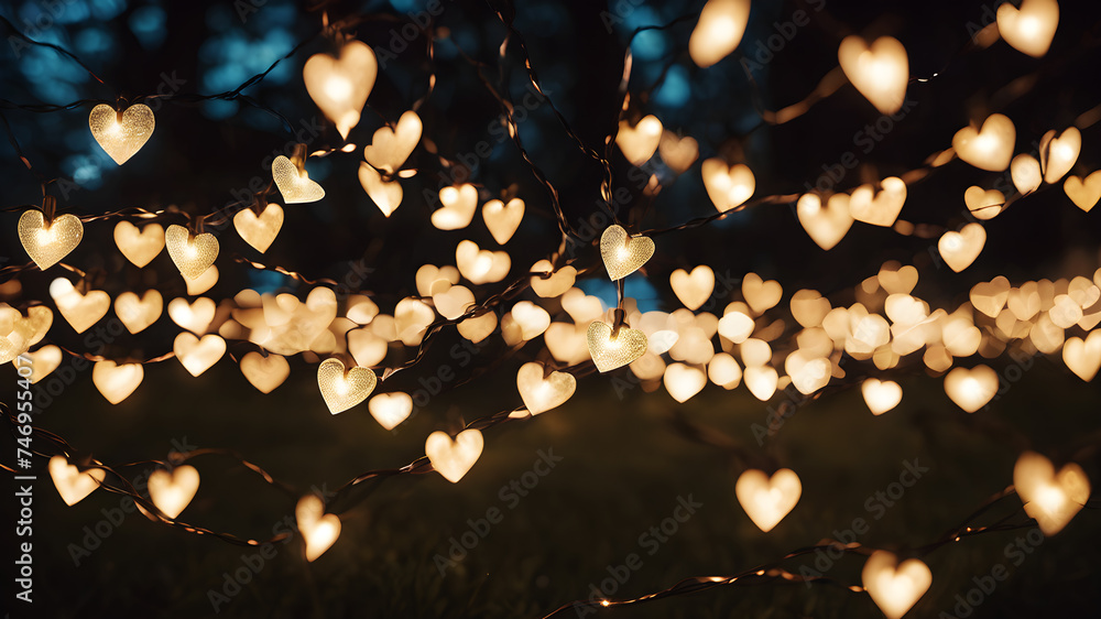 A heart-shaped constellation of fairy lights suspended in the darkness, forming a celestial and enchanting scene. This image might evoke the idea of gifts that bring light and joy into one's life, lik - obrazy, fototapety, plakaty 
