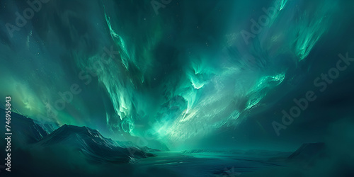 Hypnotic aurora borealis event backdrop, shimmering northern lights, and celestial beauty, creating a mesmerizing and ethereal setting. Northern lights at night mountains Beautiful illustration, Encha