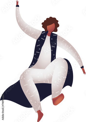 Faceless young boy wearing kurta pajama with jacket in jumping pose.