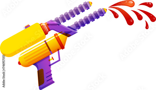 Realistic watercolor gun and color drop illustration on white background.